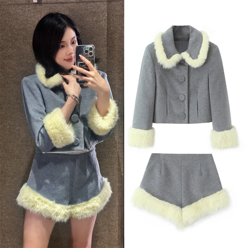 Conjunto elegante de 2 piezas de pantalones cortos empalmados de felpa para mujer, abrigo corto liso de manga larga + conjunto de pantalones cortos, conjunto informal para mujer