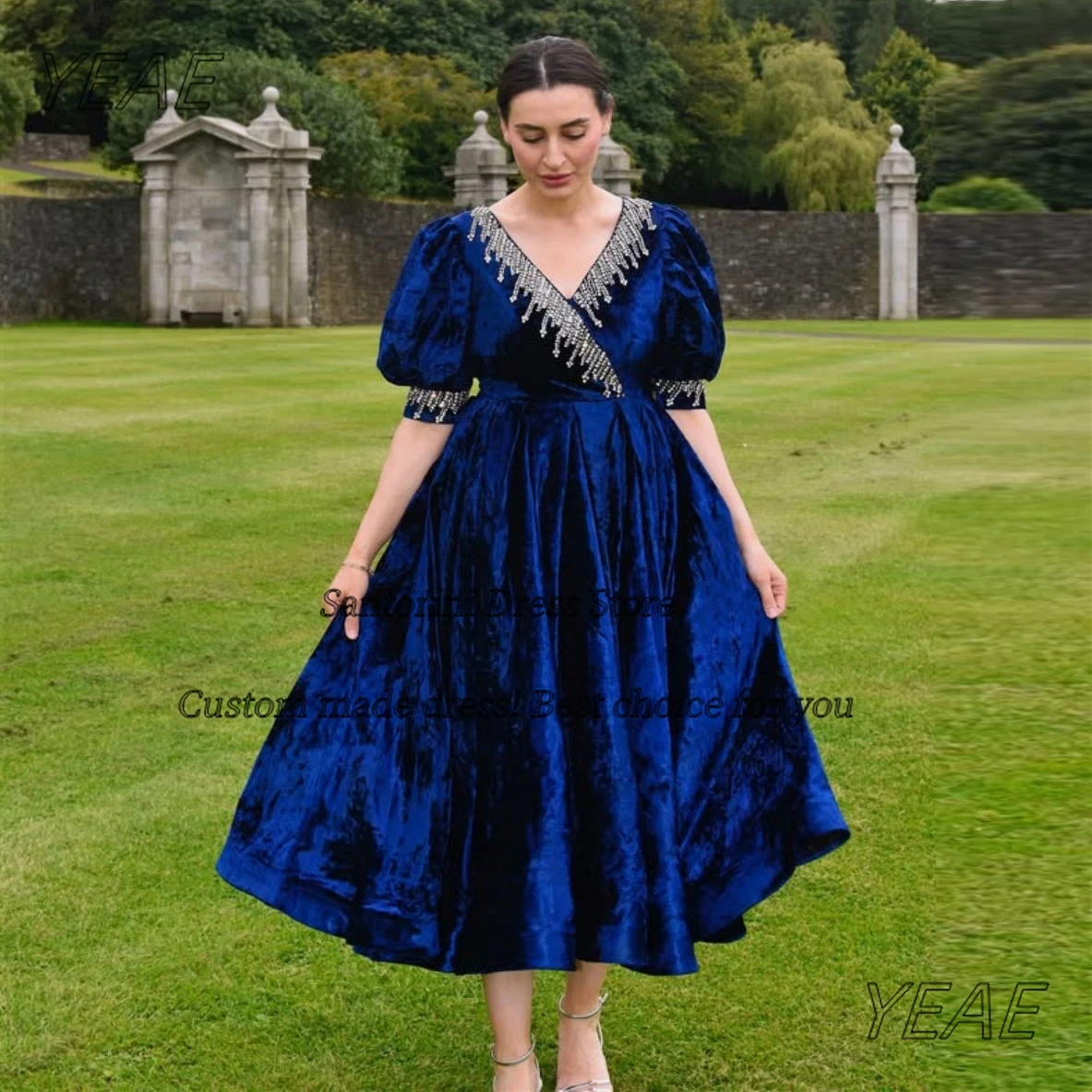 

Santorini Vestidos De Fiesta Elegantes Women Wear V Neck Prom Dresses with Beading Half Sleeves Evening Party Gowns Customized