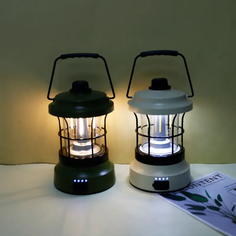 Vintage Style LED Camping Lantern Rechargeable Portable Outdoor Light for Hiking Yard Decor Emergency Use Durable Metal