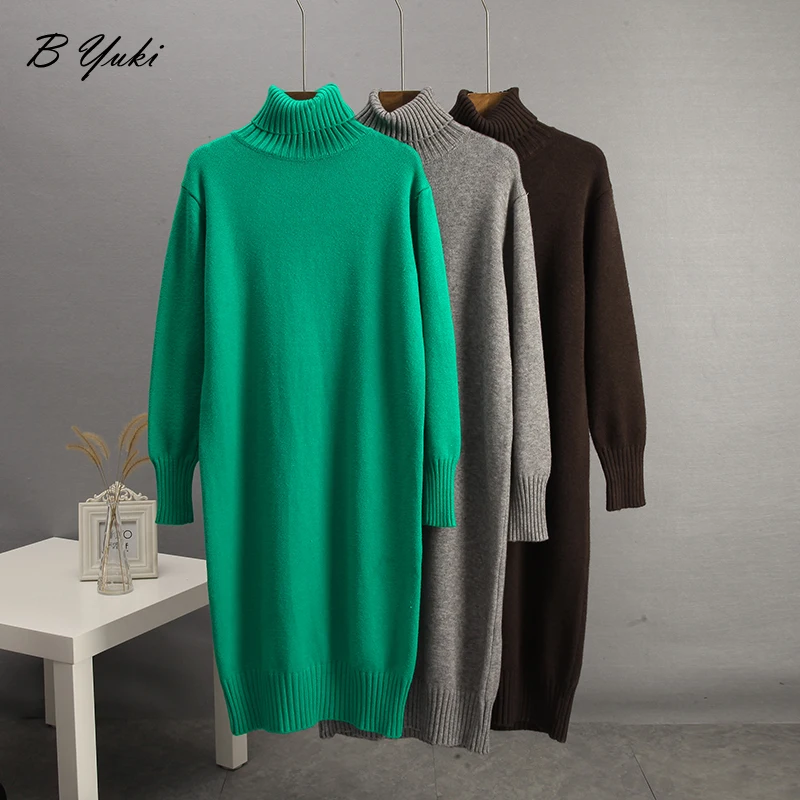 Blessyuki Oversized Cashmere Turtleneck Knit Pullovers Dress Women Winter Casual Solid Warm Sweater Dress Female Elegant Dresses