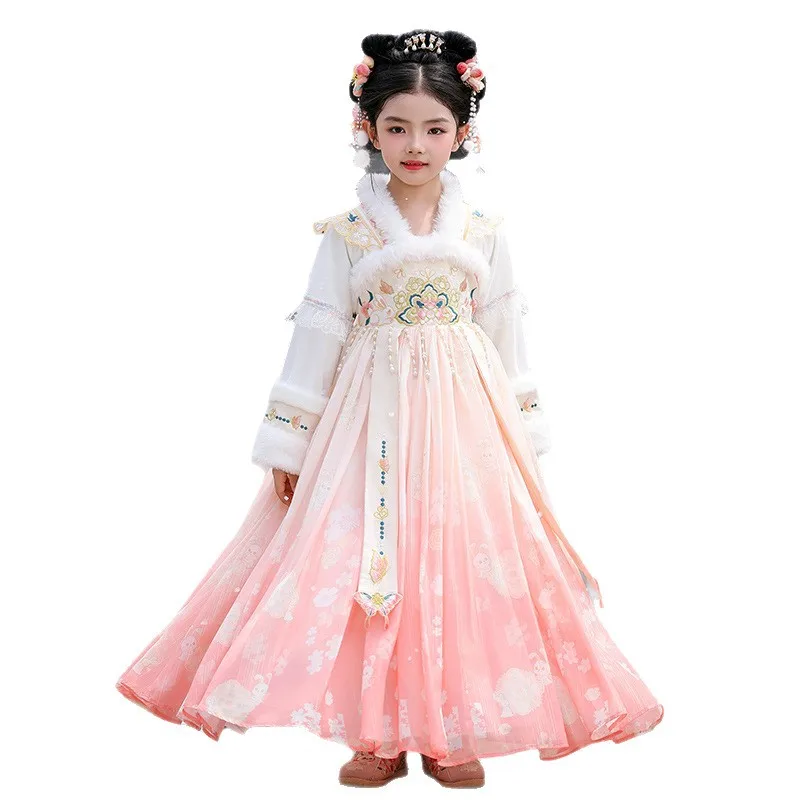 2025 Winter New Girls Warm Hanfu Fairy Princess Kids Dress Performance Embroidery Chinese New Year Clothing Greeting Vestido