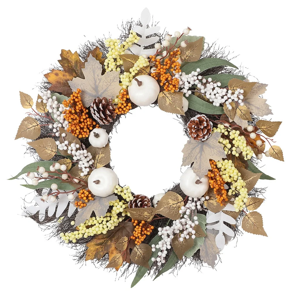 Autumn Maple Leaf Pumpkin Wreath With White Berries And Pinecones For Front Door Wall Hanging Harvest Thanksgiving Home Decor
