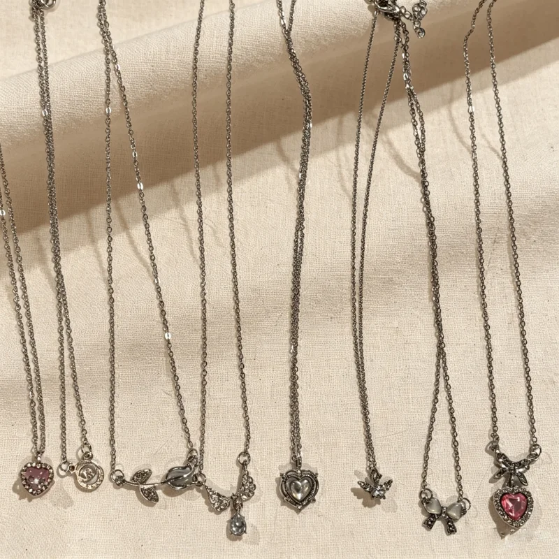 8Pcs Y2K Silver Necklace Set Pink Water Diamond Heart shaped Bow Cross Pendant Stackable Women's Jewelry