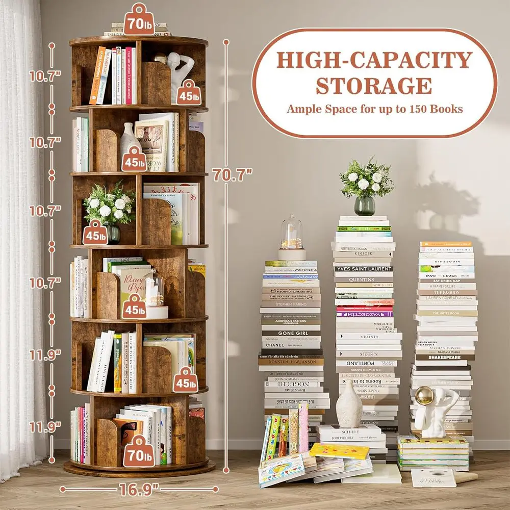 Aheaplus 6 Tier Rotating Bookshel, Wood Spinning Bookshel Tower, Round Revolving 360 Bookcase, Narrow Turning Book Shel Rolling