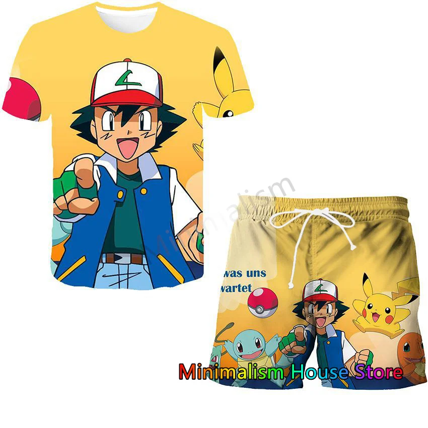 Conjunto de verão masculino pokemon pikachu 2 peças conjunto masculino manga curta camiseta + shorts calças terno casual agasalho crianças/roupas adultas