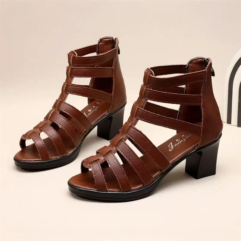 Women Block Heel Big Size Peep Toe Sandals Summer New Thin Strap Woven Hollow Out High Top Cover Heel High Heel Sandals