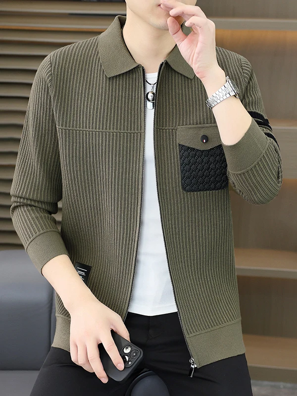 

Мужской вязаный кардиган на молнии с воротником, осенне-зимняя новинка, повседневный модный свитер из полиэстера с длинными рукавами