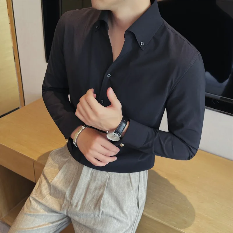 British Style Solid Color V-neck Men's Shirt Elastic Casual Business Dress Shirts Long Sleeve Office Uniforms Shirt Top