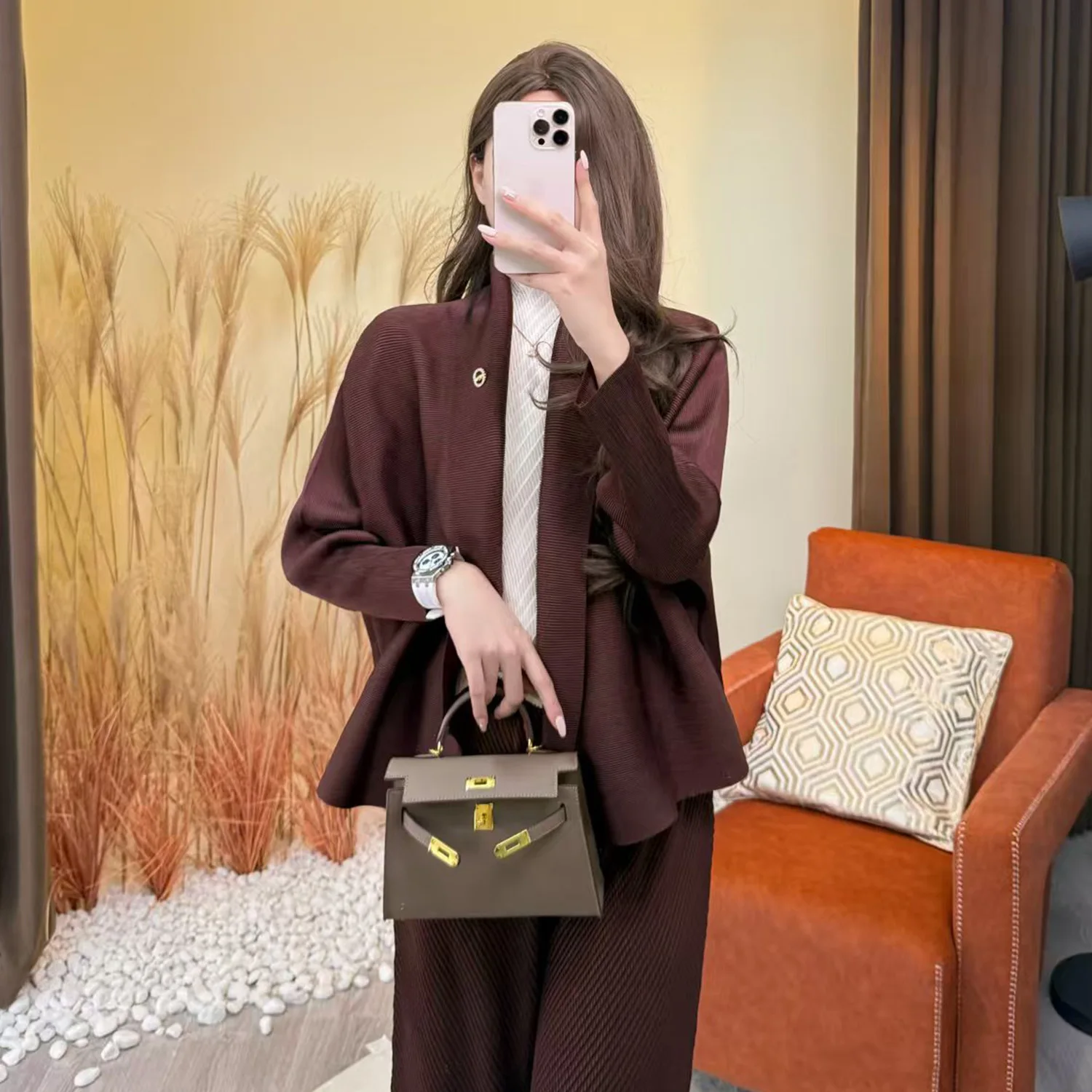 معطف خريفي مطوي من Miyake، بلوزة نسائية فضفاضة وغير رسمية متعددة الاستخدامات، سترة صوفية عصرية وبسيطة وراقية، لون خالص