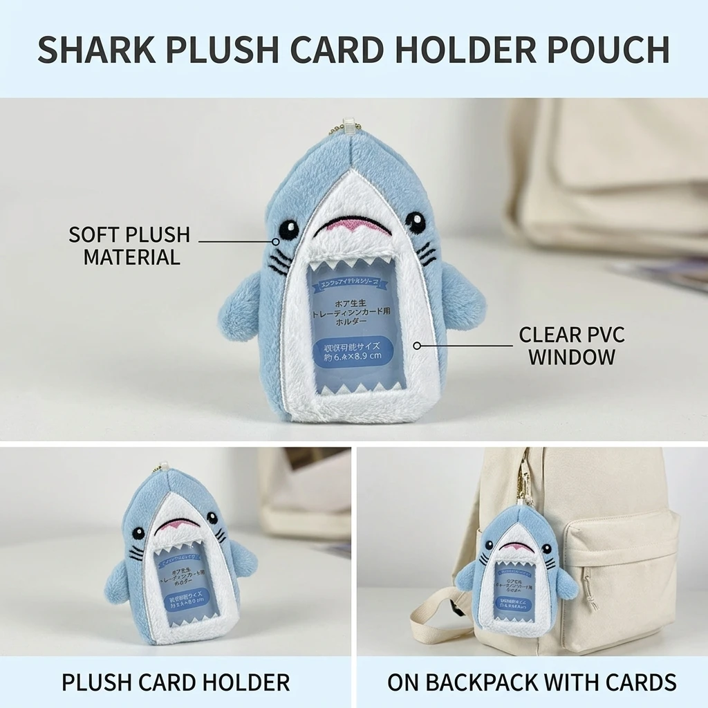 Cute Plush Card Holder Shark Shaped ID Badge Sleeve for Students School Bus Card Wallet Soft PVC Window Accessory Gift
