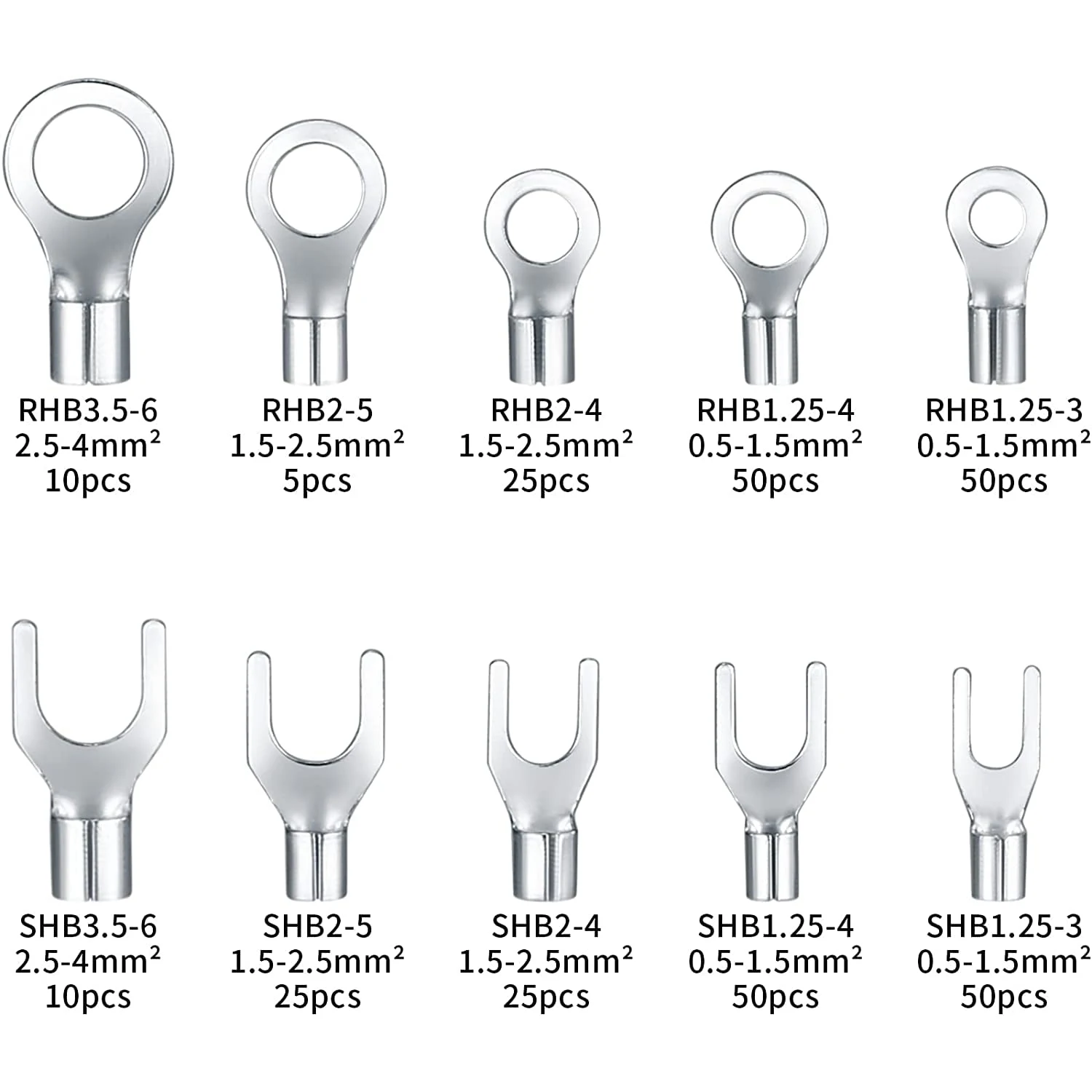 320 PCS Non-Insulated Copper Wire Crimp Terminals Connectors Kit Ring & Fork U Shaped O Shaped Cold Pressed Bare Terminals