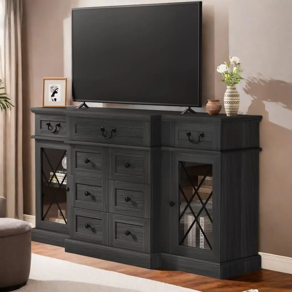 Farmhouse TV Stand for TVs up to 65”,9 Drawers &2 Glass Door Compartments, 59