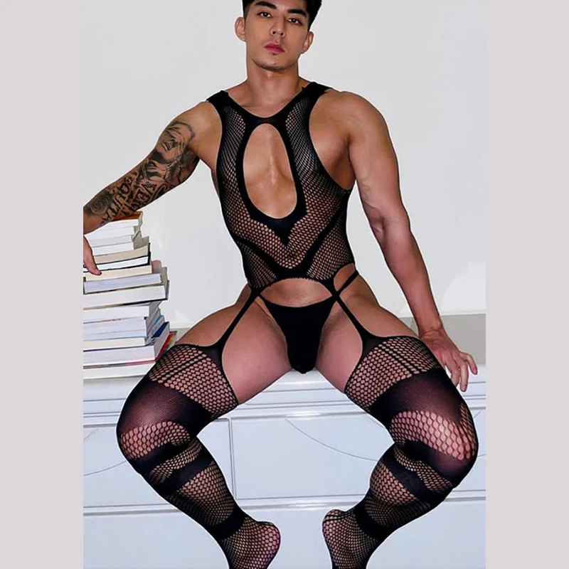 Hombres Mujeres Lencería ultrafina con espalda en T Hombre Sexy Mono de encaje de malla transparente para hombre Conjunto de calzoncillos Par transparente Medias Medias Bragas