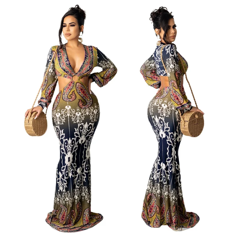 

Ladies Holiday Creative American Retro Dress Autumn Print Long Sleeve Backless Fishtail Dress