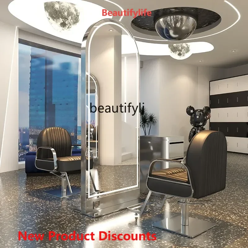

X188 LHair Salon Dressing Table Barber Shop Single Double-Sided Stainless Steel Floor Hair Cutting Mirror with Light