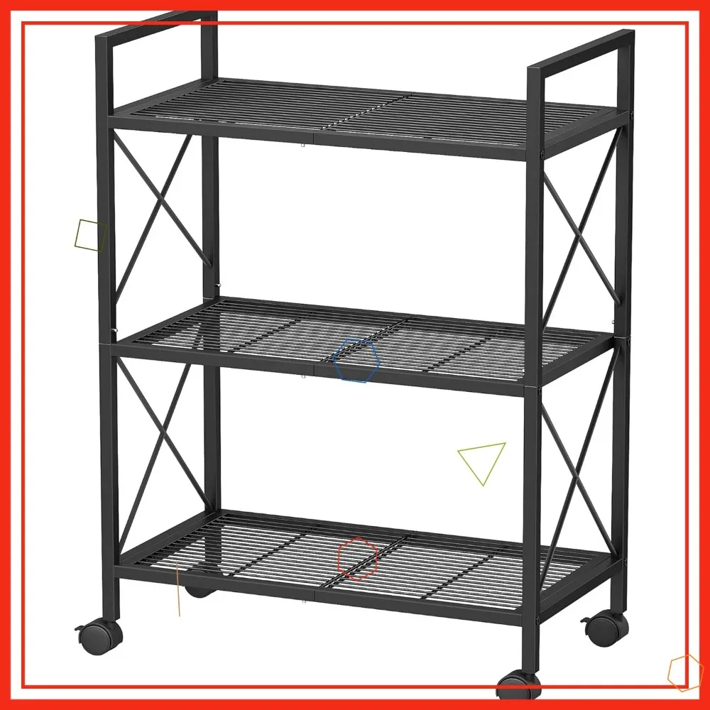 

3-Tier Metal Storage Rack with Wheels, Mesh Shelves, X Frame, 23.6-Inch Wide for Home Use in Black