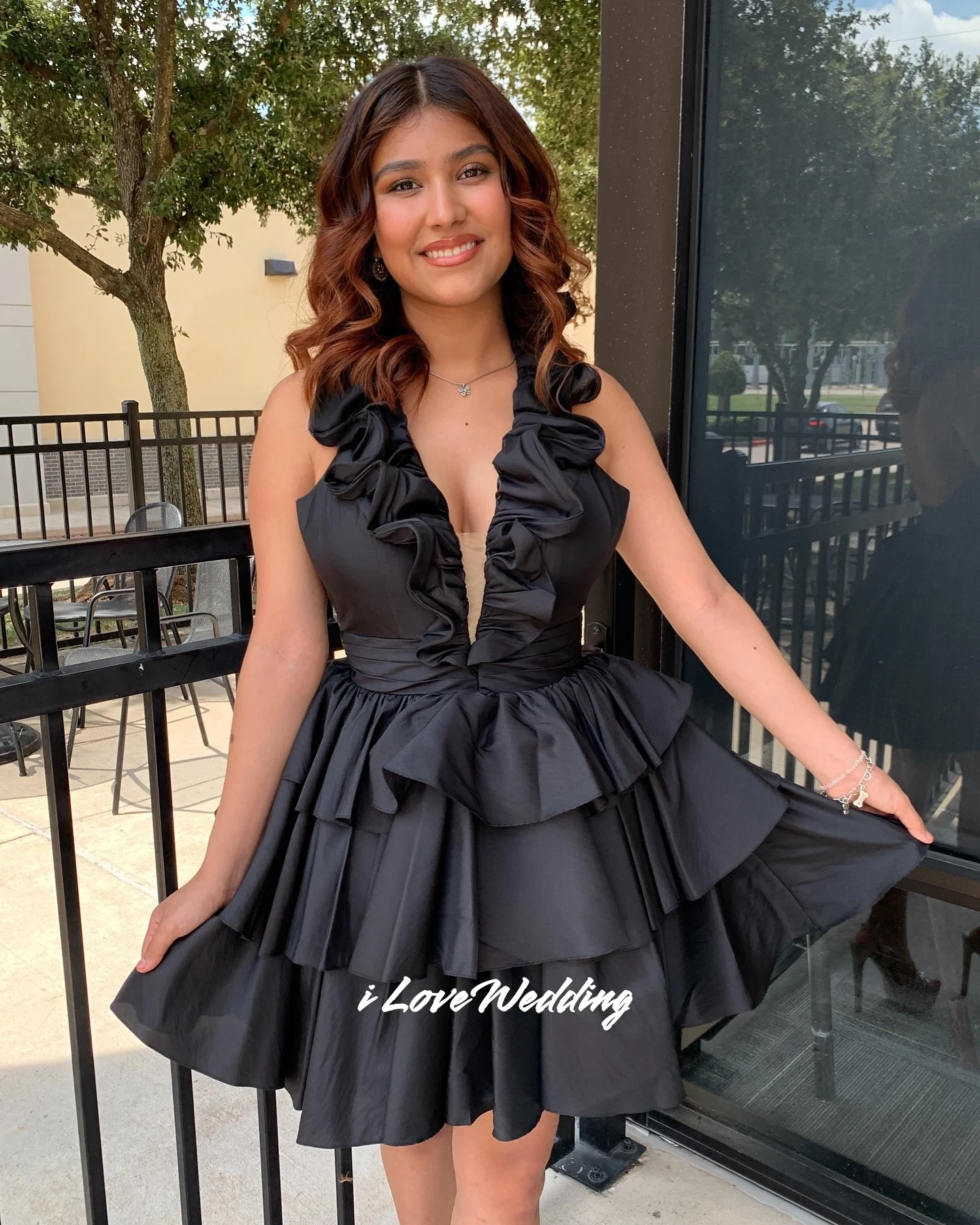 

Black V-neck Homecoming Dress Halter Sleeveless Mini Skirt A-line Skirt Ruffles Birthday Dresses Multi-Layered Modern Customized