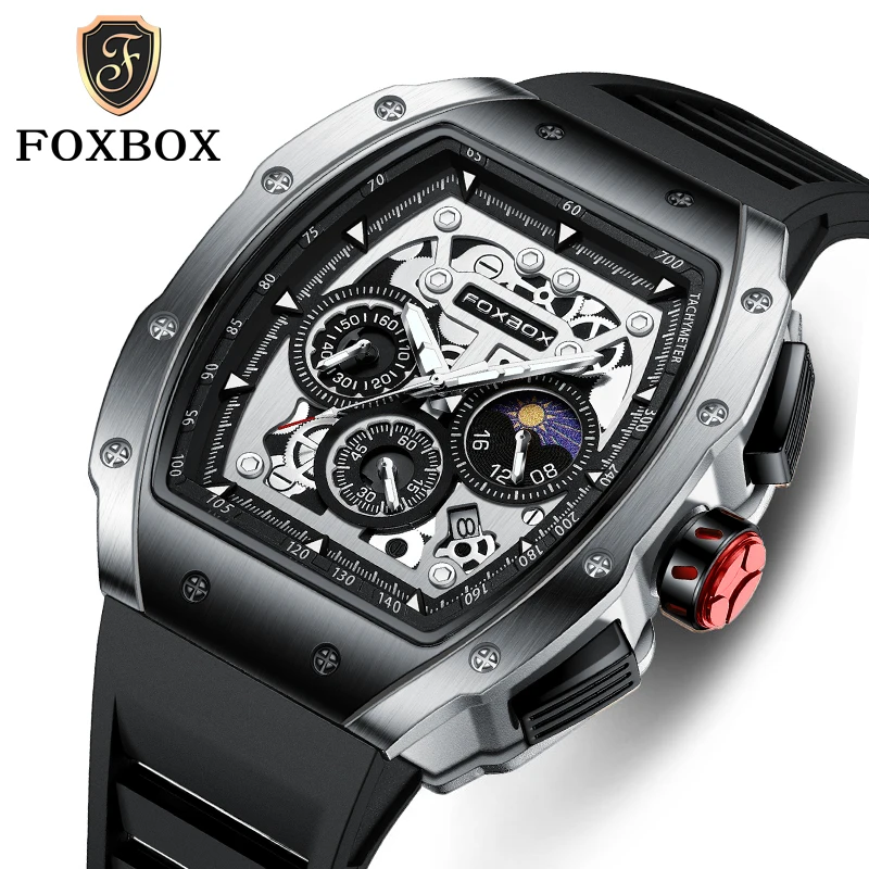 FOXBOX Panda Top Brand Quartz Watch For Men Fashion Business Chronograph Casual Waterproof Square Wristwatch reloj hombre+Box