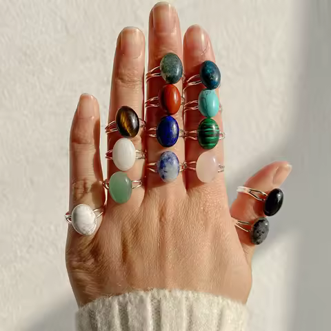 Cabochon Natural Stone Ring 10*14MM Oval Agates Turquois Quartzs Gem Finger Ring Silver Color Adjustable Open Rings Jewelry Gift