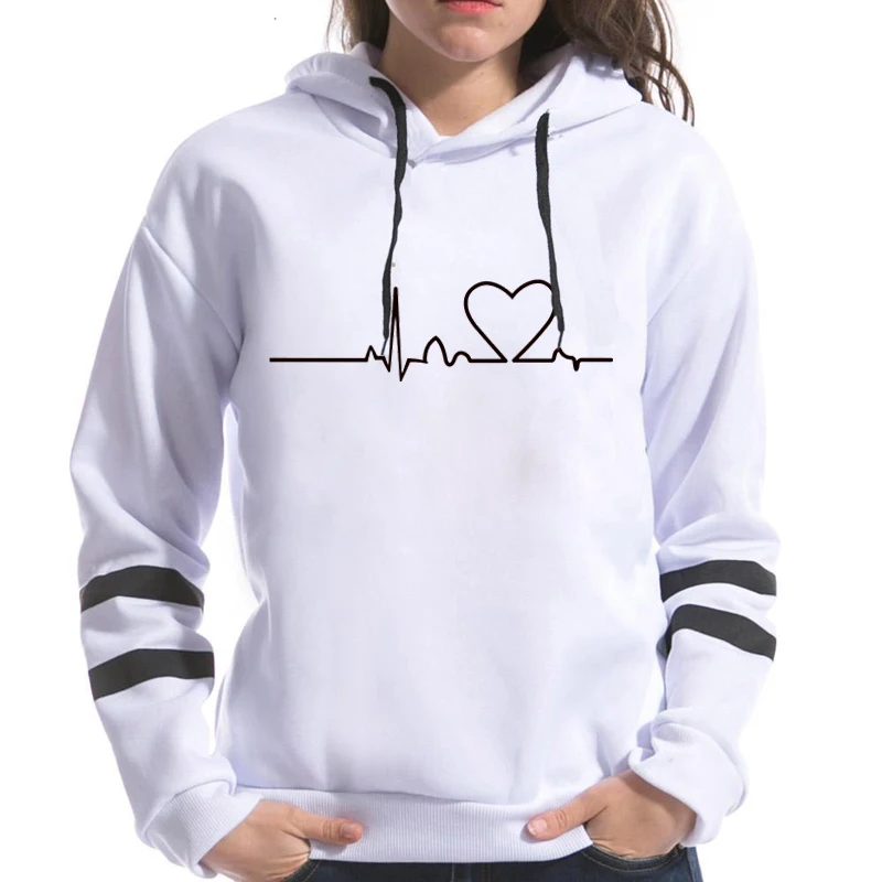 Heartbeat Line Printing Hoodies Hooded Top Women Sweatshirt Long-sleeved Autumn Casual Hooded Streetwear