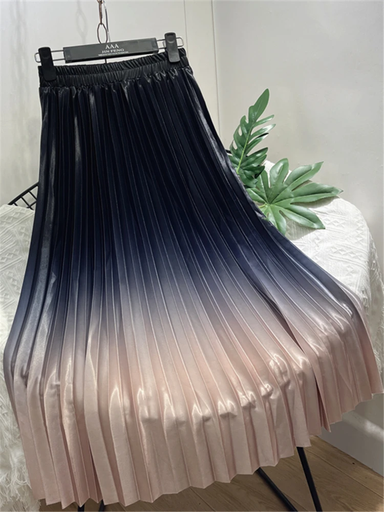 Spring Summer Stain Women's Pleated Skirts Solid High Waist Casual Vintage Grandient Mid-calf Umbrella Skirts Female