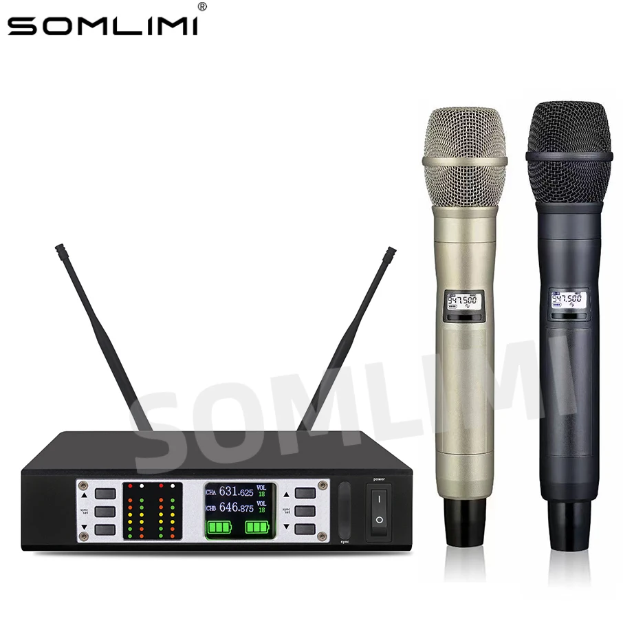SOMLIMI AD24D-KSM9 600MHz UHF Profressional Dual Wireless Microphone System 2 channels Automatic Scan Stage Performance Karaoke