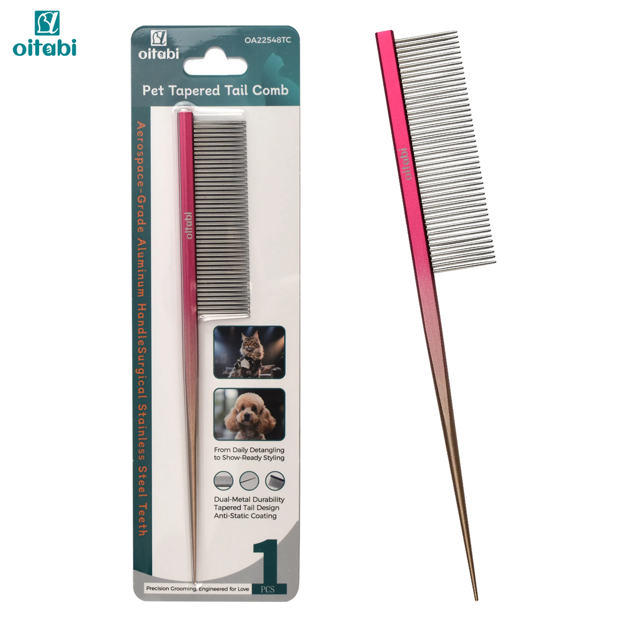 Oitabi Pet Deluxe Pointed Tail Comb for Deshedding, Pet Grooming Combs Groomer for Cat & Dog Styling Finishing and Fluffing Comb