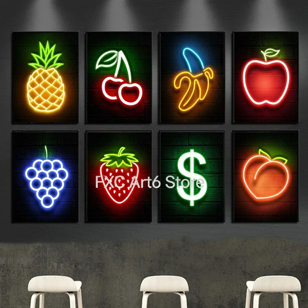 Frameless Cool Neon Signs Money Symbol Fruits Flamingo Canvas Posters Prints Wall Art for Home Decor Shop Decoration  Vibrant an