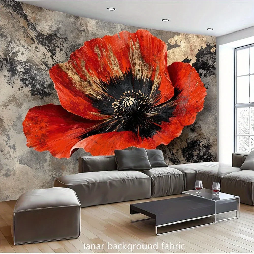 Large Red Poppy Flower Wall Mural with Abstract Background 2D Planar Fabric Decor for Modern Living Room Artistic Home Design