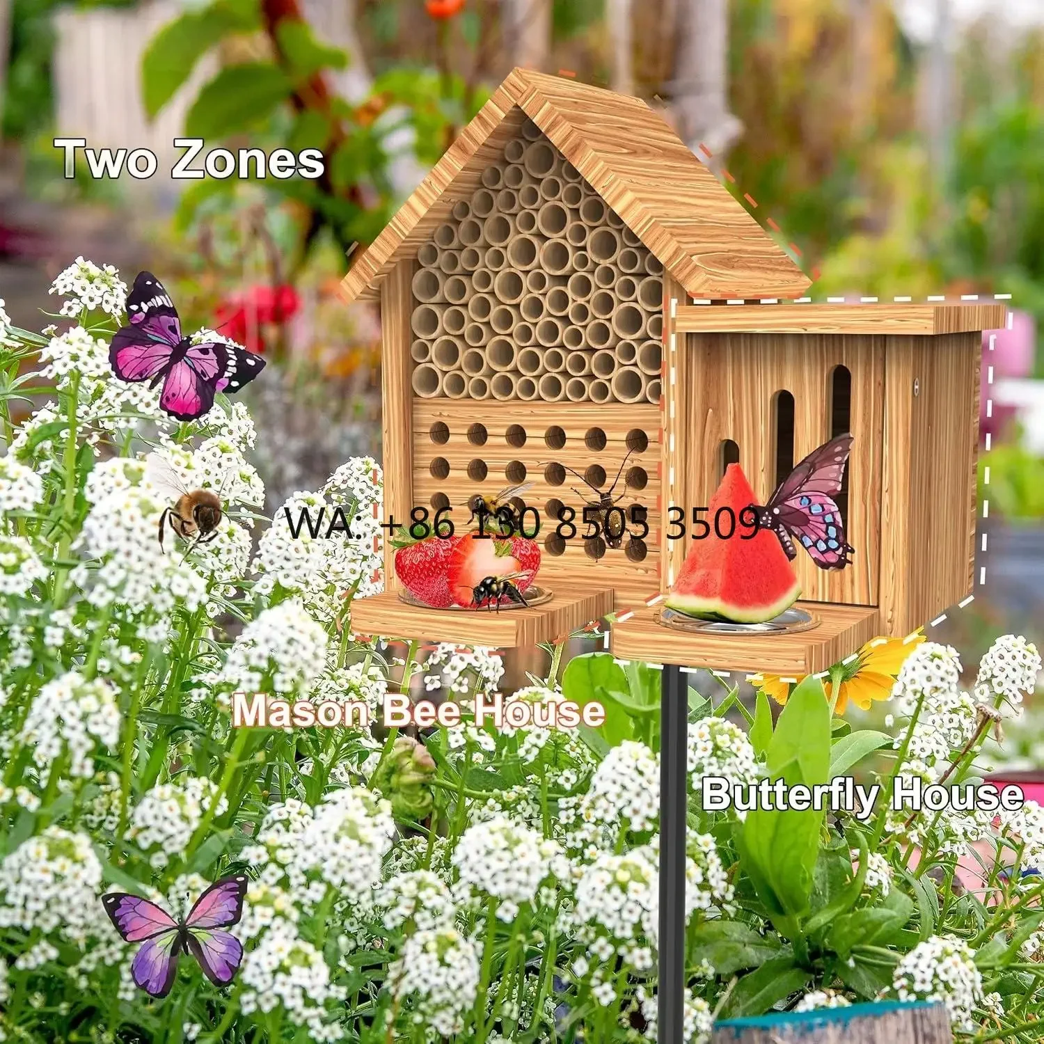 

Waterproof Insect Hotel Natural Handmade Wooden Mason Bee House with Feeders and Metal Stake