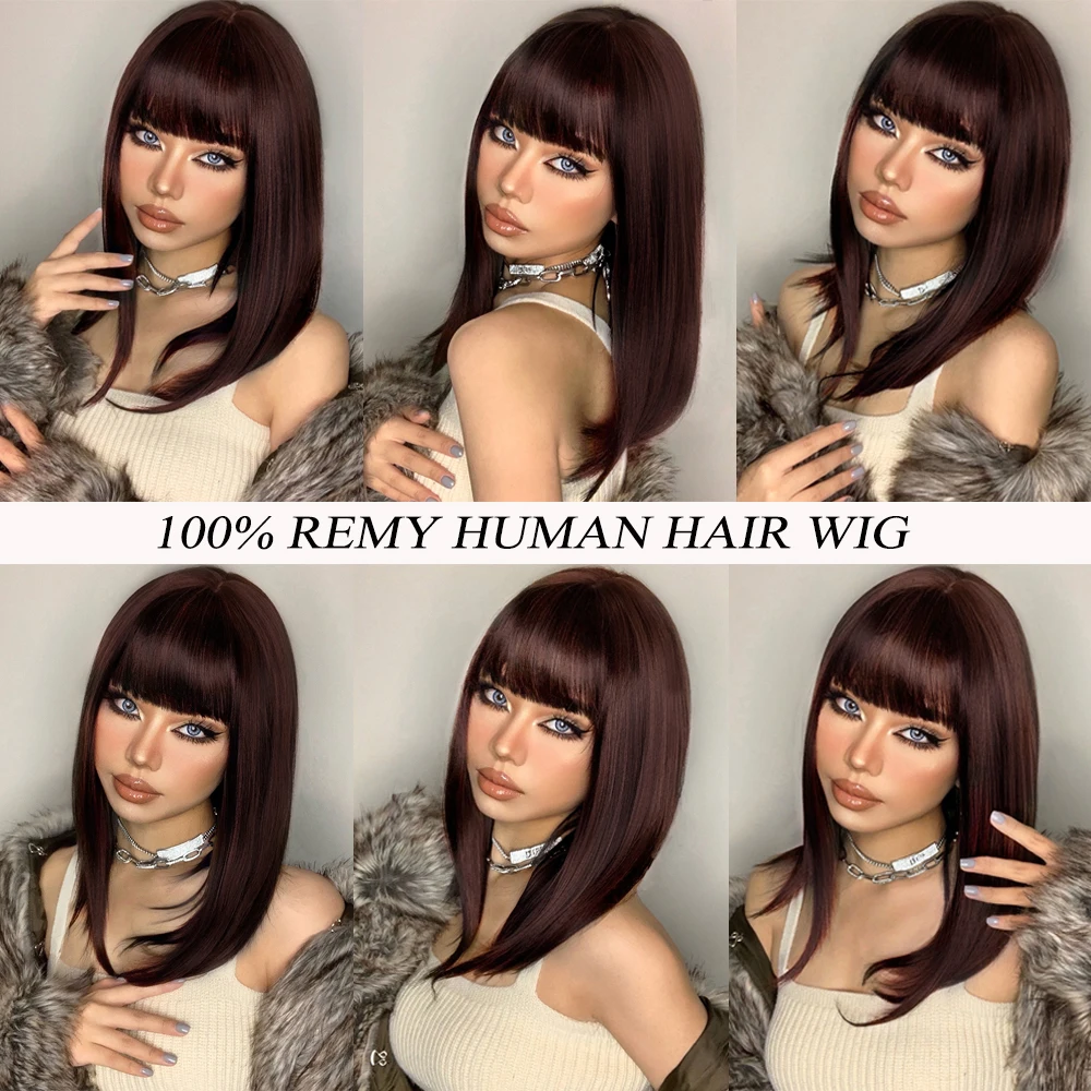 HAIRCUBE Wig Rambut Manusia Bob Coklat Tua dengan Bang Bahu Panjang Wig Lurus untuk Wanita Remy Mesin Rambut Dibuat Tahan Panas