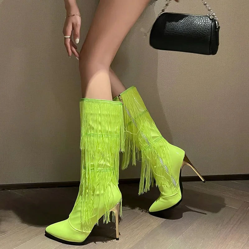 Pointed-Toe Patent Leather Tassel Knee Boots Sexy High Heel Side Zipper Stage Catwalk Botines Large Size Statement Boats