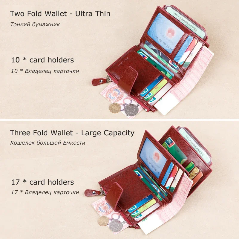 Genuine Leather Wallets for Women Red Money Purses Zipper RFID Short Female Small Card Holder Coin Purse Trifold Bifold Wallet