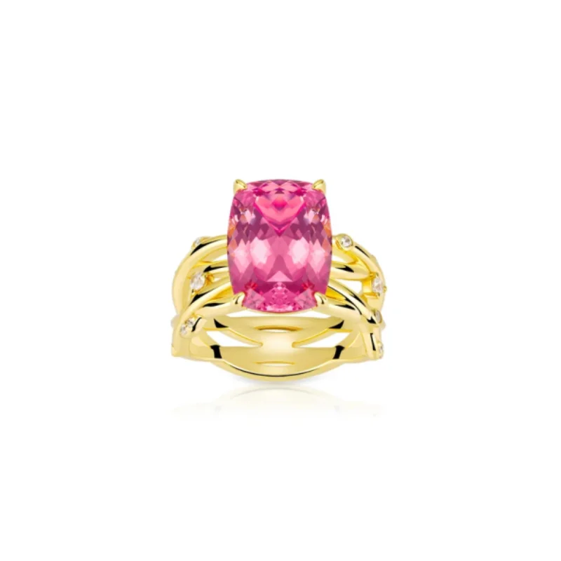 BELLUX Sunset Pink Fashion Design Ring Pink Candy Large Carat Gemstone Gold Arm Multi Layer Wide Edition Ring for Women