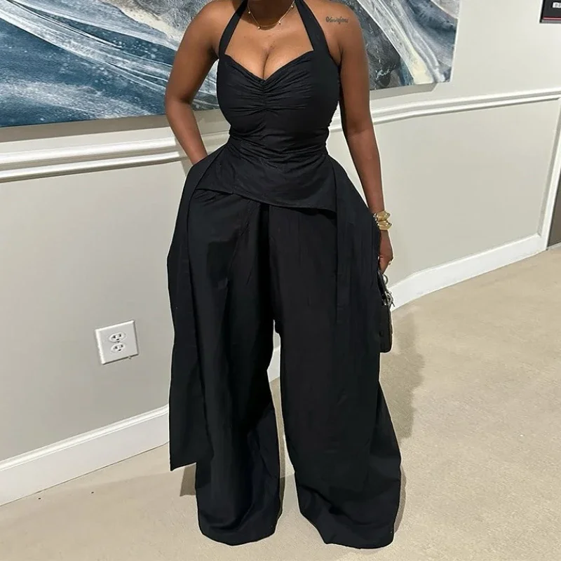 

Элегантные женские комбинезоны с широкими штанинами и рукавами, модные цельные комбинезоны с открытой спиной, лето 2025, сиамские брюки для тела, уличная одежда