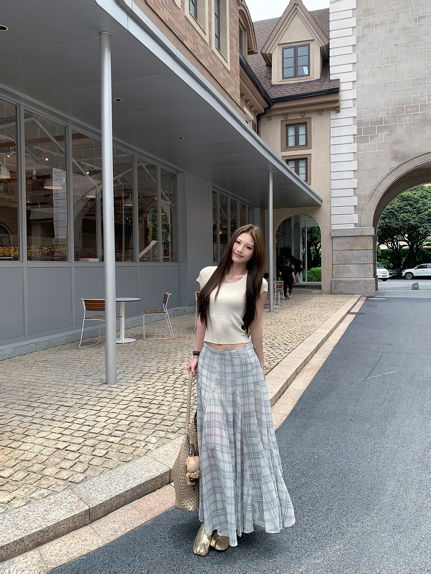 

Masalady Studio Soft Tulle See-tough A-line Skirt with Plaid Design Low Waist Commuter Sle f Body Skirt