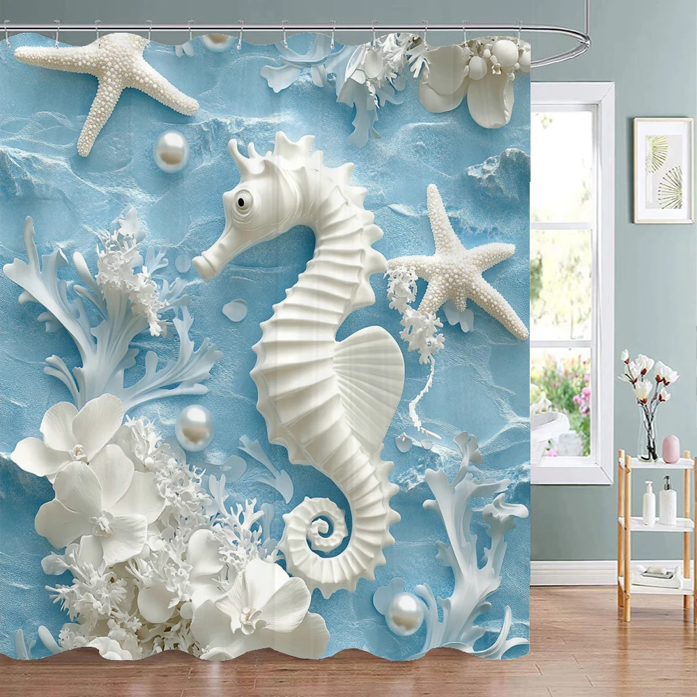 

Sunny ocean Starfish Seashells, seahorses, beach and sea Shower Curtain，Bathroom Decorative Shower Curtain, with Hooks