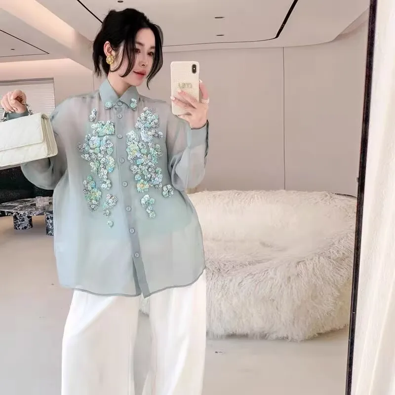 Camisa verde menta de Organza de seda de alta calidad, blusa holgada transparente Sexy con lentejuelas hechas a mano para mujer elegante