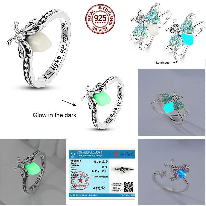 Luminous Firefly 925 Sterling Silver Ring Sparkling Rainbow Color Heart Wishbone Flower Original Rings For Women Wedding Jewelry