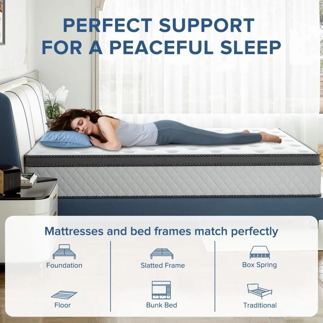 Colchão duplo, colchão híbrido de firmeza média de 10 polegadas com espuma viscoelástica de gel de carvão de bambu e molas com bolso, colchão de tamanho duplo