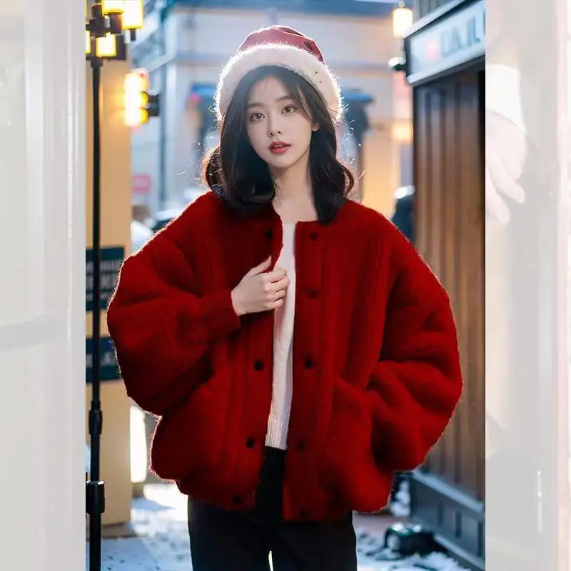 Red Zodiac Lamb Wool Coat New Year's Battle Robe Short Thick and Warm Top