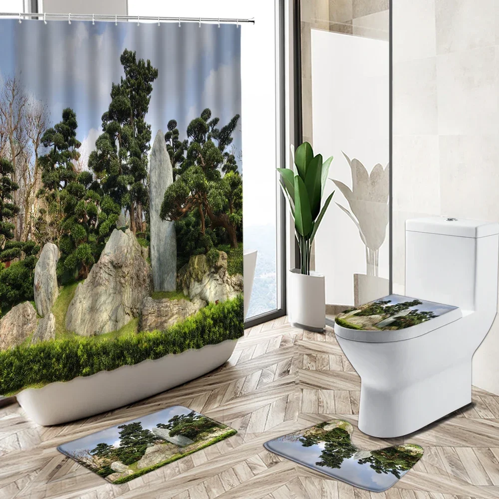 Natural Park Scenery Shower Curtains Trees Plants Stone Bridge Wooden Pavilion View Non-Slip Carpet Toilet Cover Floor Mat Sets