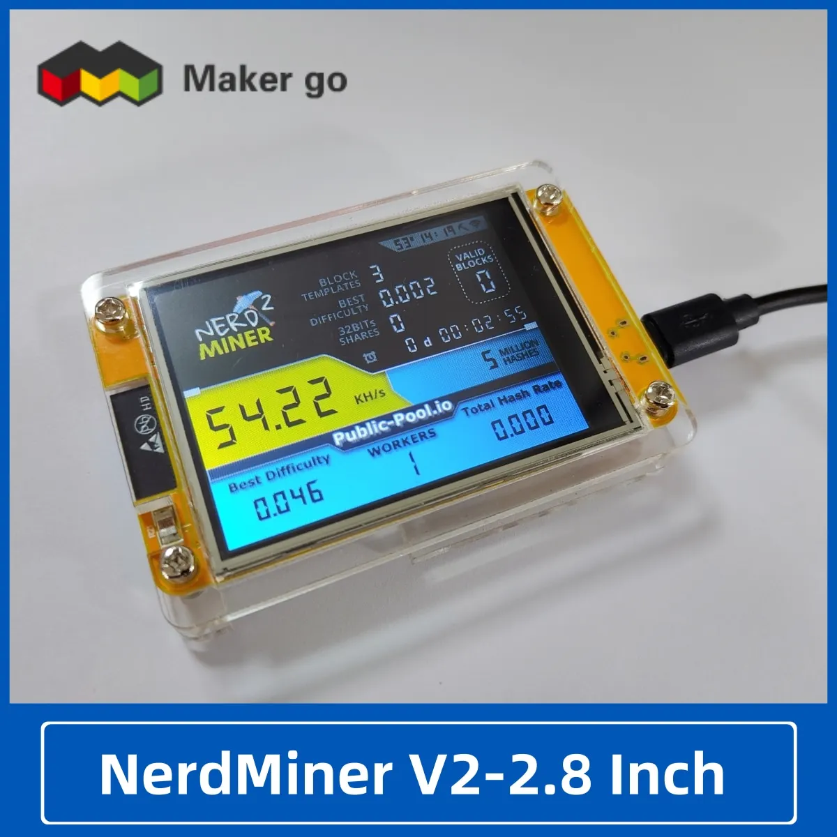 2.8 Inch NerdMiner V2 Hashrate, Smart Display, Crypto Solo, Lottery, Nerd Miner, Bitcoin Miner ESP32-2432S028R, 49 k/S