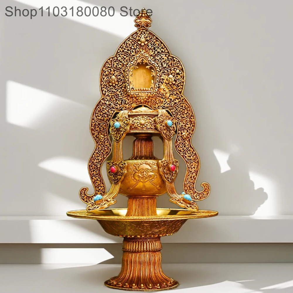 36cm Copper gilding carving longevity Treasure bottle Tibet Ritual artifact God of Wealth vase Decor