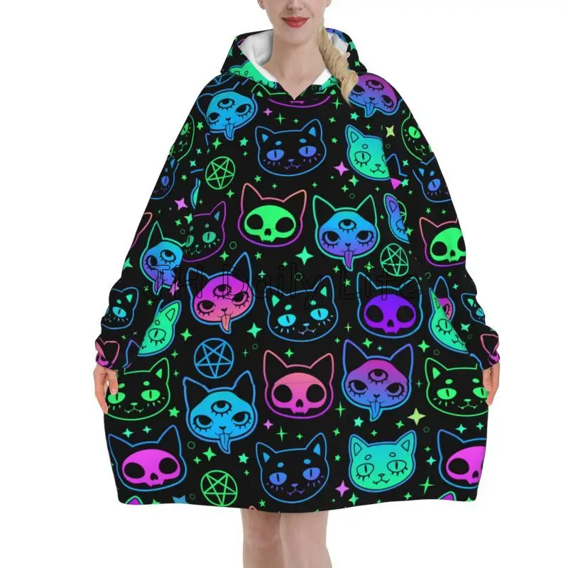 Cute Cartoon Witchcraft Cat Bright Wearable Blanket Hoodie Oversized Sweatshirts Blanket Warm Fleece Sherpa Blanket with Pockets