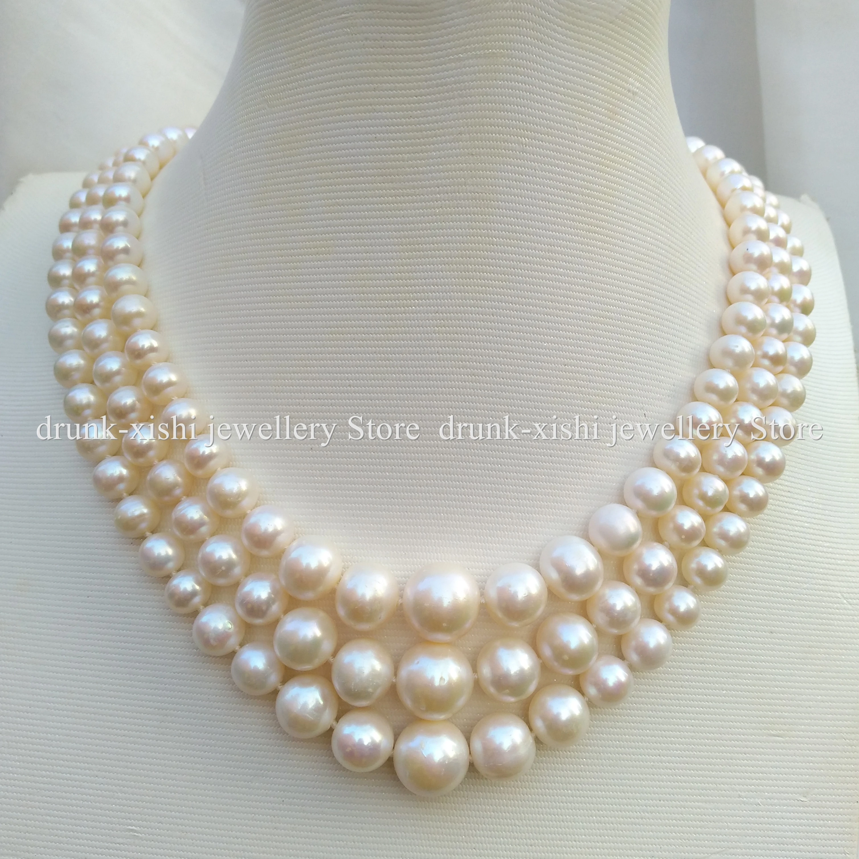 

Nature South Sea Triple Strands 3 Rows Princess Real Pearl Beads Necklace White 6-11mm Near Round At Party Wedding Birthday