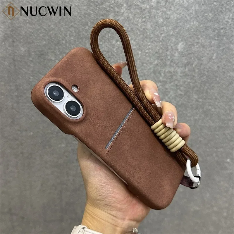 

Luxury Matte Sheepskin Leather Card Slot Case For iPhone 16 15 14 Pro Max 12 13 14 Plus Hand Lanyard Frameless Shockproof Cover