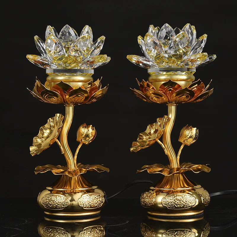 Un par 2P suministro de budismo asiático tienda en casa templo altar adoración Guan yin Buda flor de loto lámpara de Buda enchufable de cristal de 7 colores