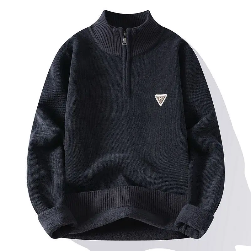 

Мужской пуловер с полумолнией, утепленный флисовый уличный теплый пуловер с воротником-стойкой, повседневный свободный вязаный пуловер с нитью