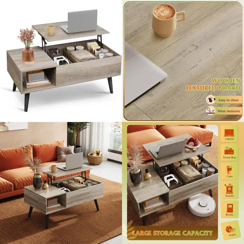 Rising Storage Coffee Table for Living Room, Small Wooden Lift-Top Dining Table with Storage Space, Versatile Center Table with